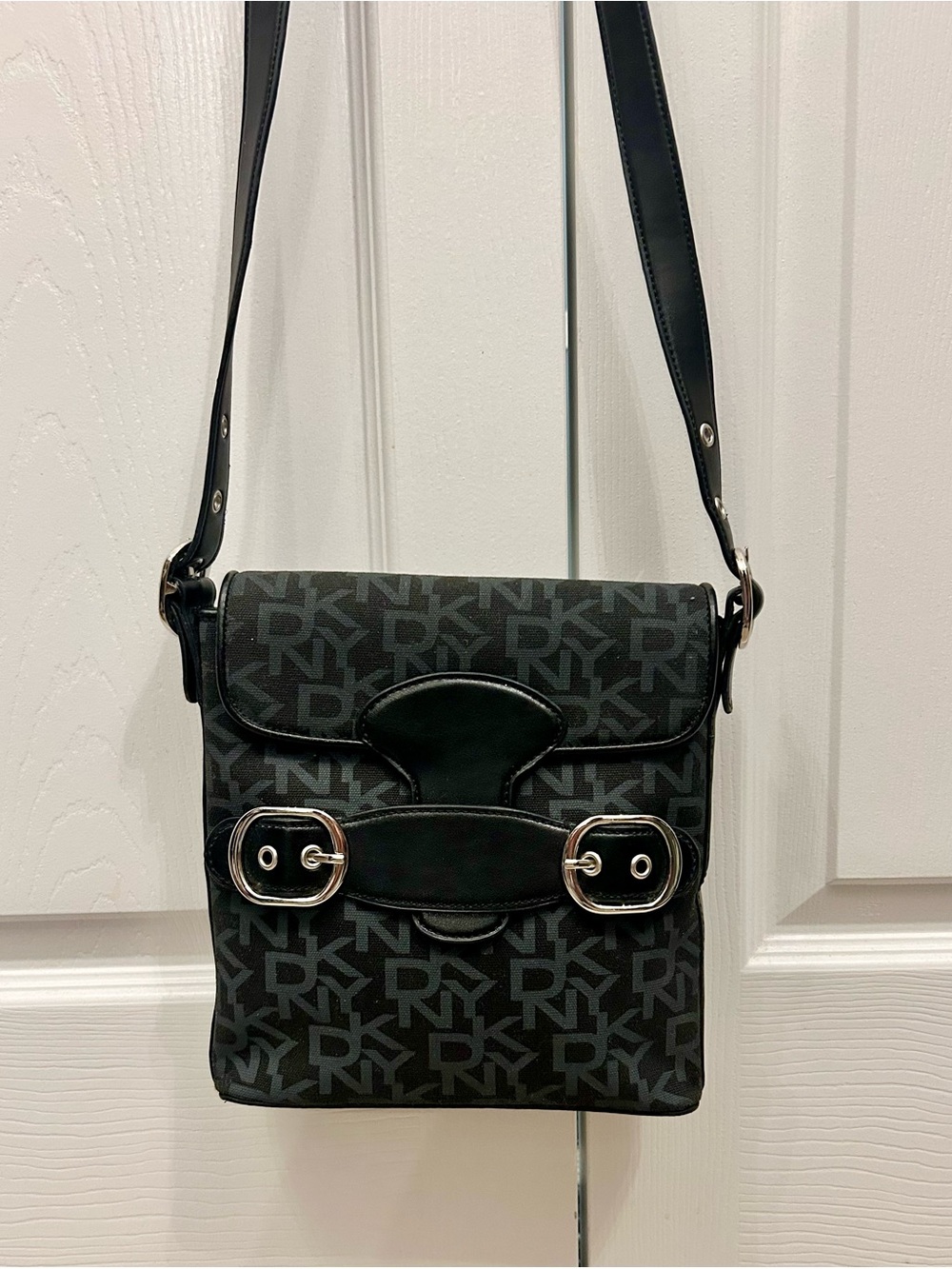 DKNY Logo Black Crossbody Bag with Silver Buckle Accents